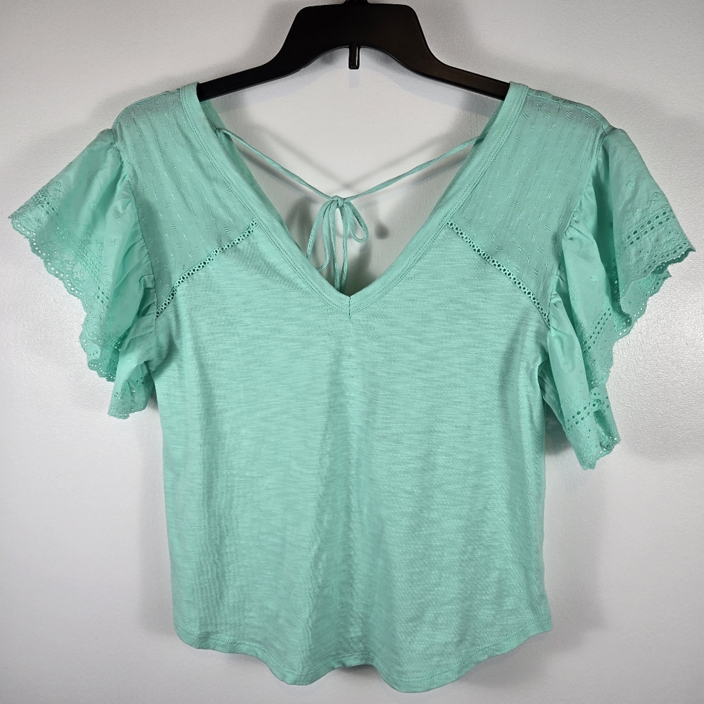 NEW Thread & Clover Boho Prairie Ice Green Flutter Sleeve V-Neck Top Medium
